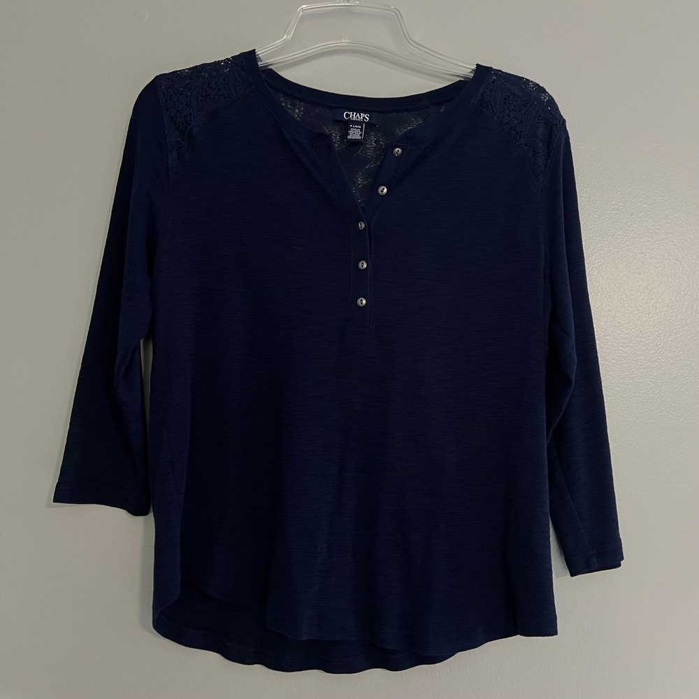 Chaps Petite Large Navy Blue Lace Shoulder Henley Top 3/4 Sleeve Cotton Slub